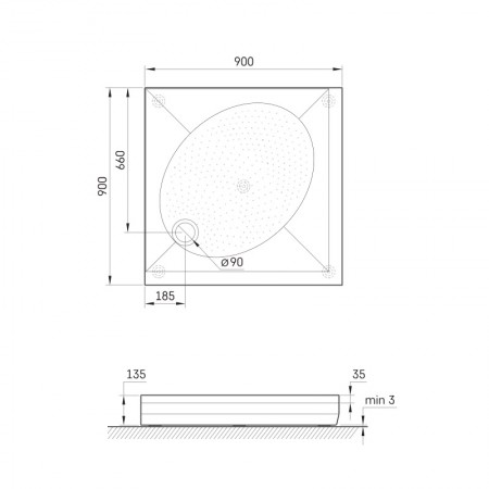 KDPARTKV90/00 ART KV 90 Піддон душовий квадратний 90х90 см з литого (штучного) каменю з ніжками та п PAA
