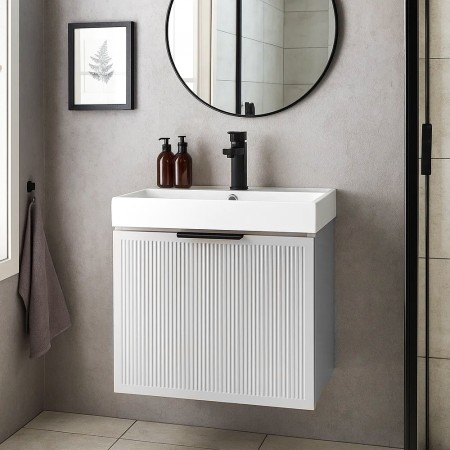 32213 Тумба Fabio (кашемір) з умивальником Fabio 50 см (консольна) ручка чорна (1 сорт) Аква Родос