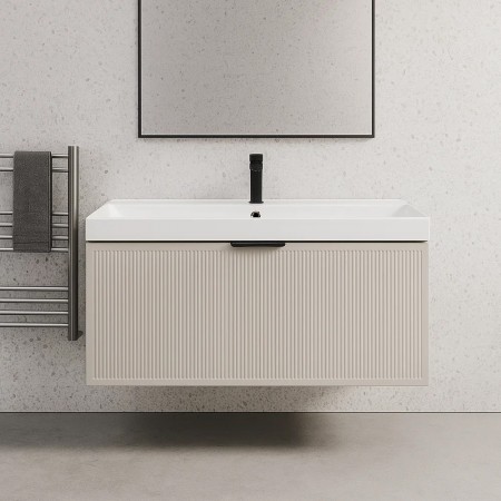 32211 Тумба Fabio (кашемір) з умивальником Fabio 100 см (консольна) ручка чорна (1 сорт) Аква Родос