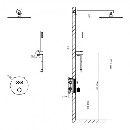 D117124011111C Flow Душова система прихованого монтажу, на 2 споживачі, з термостатом, хром (1 сорт) Devit