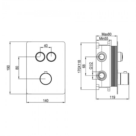D114124010021BM Flow Змішувач на 2 споживачі з термостатом, для ванни/душу, прихованого монтажу, чор Devit