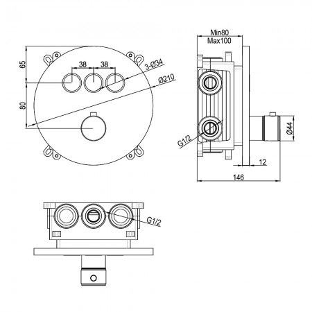 D114134010011BN Flow Змішувач на 3 споживачі з термостатом, для ванни/душу, прихованого монтажу, bru Devit