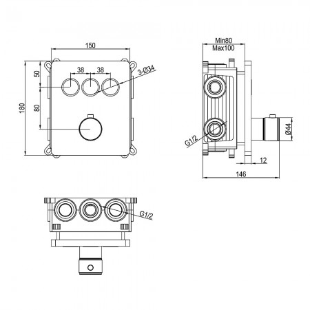 D114134010021BM Flow Змішувач на 3 споживачі з термостатом, для ванни/душу, прихованого монтажу, чор Devit