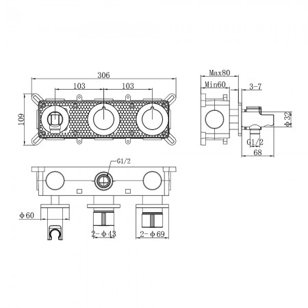 D114125300011C Flow Змішувач на 2 споживачі без термостату, для ванни/душу, прихованого монтажу, хро Devit