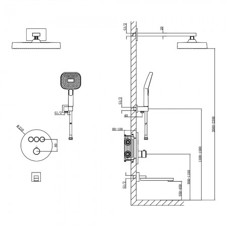 D117134011211BN Flow Душова система прихованого монтажу для ванни/душу, на 3 споживачі, з термостато Devit