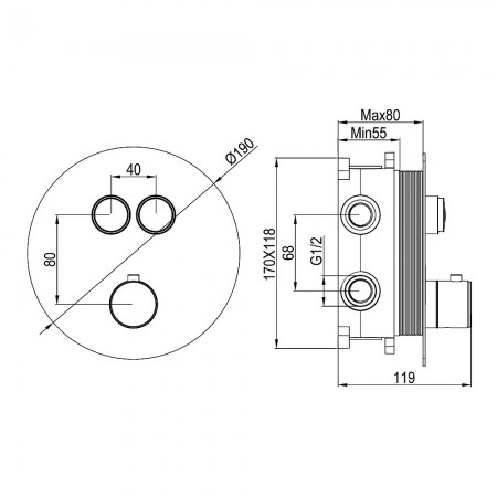 D114124010011BN Flow Змішувач на 2 споживачі з термостатом, для ванни/душу, прихованого монтажу, bru Devit