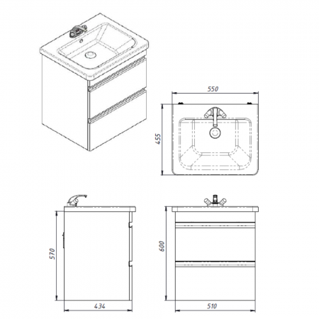 754055W FRAME Біла тумба 55 см з раковиною на ніжках (1 сорт) Devit