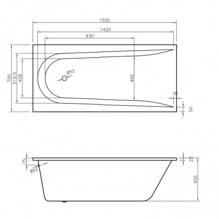 Ванна Boomerang  1500x700 посилений борт, з ніжками (1 сорт) VAYER