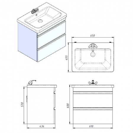 754065W FRAME Біла  тумба 65см з раковиною на ніжках (1 сорт) Devit